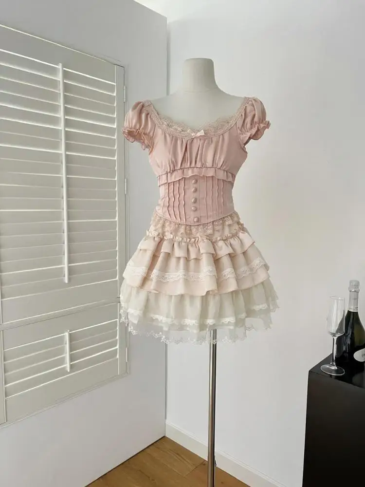 

French Summer Sweet Pink Patchwork Lace Short Sleeve Tops And Beige High Waist Ruffle Edge Cake Mini Skirt Women Two Piece Sets