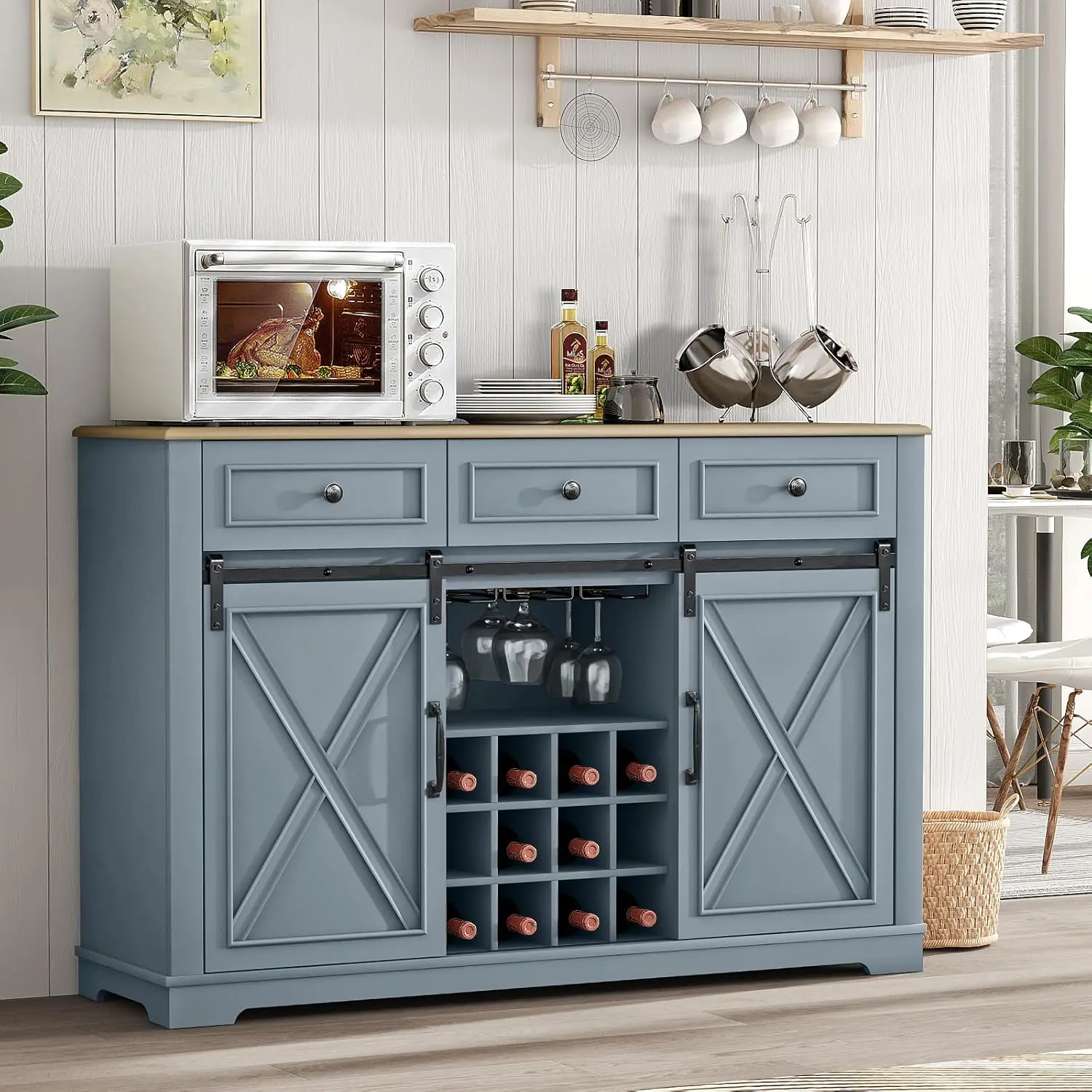 

Contemporary Wine Bar Cabinet with Storage, Liquor Cabinet with Rack for Inside Cabinet, Coffee Bar Cabinet with Sliding Barn Do