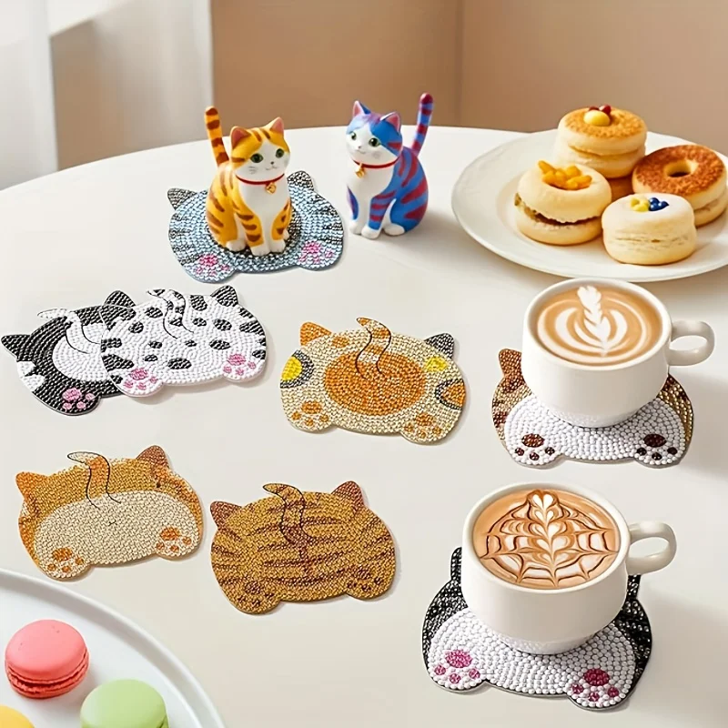 8-piece DIY Diamond Painting Wooden Cup Mat Set, Cute Animal Pattern Mosaic Tea Cup Mat with Bracket, Christmas Decoration Non s view 3