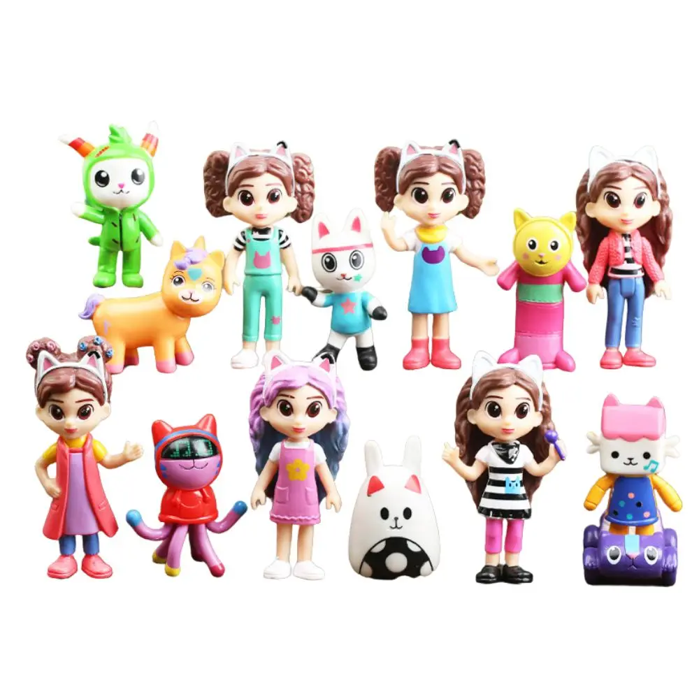 14 pezzi set PVC Gabby Dollhouse Figure Toy Mercat Cartoon Animals Smiling Car Cat Hug Gaby Girl Dolls regali di compleanno per bambini