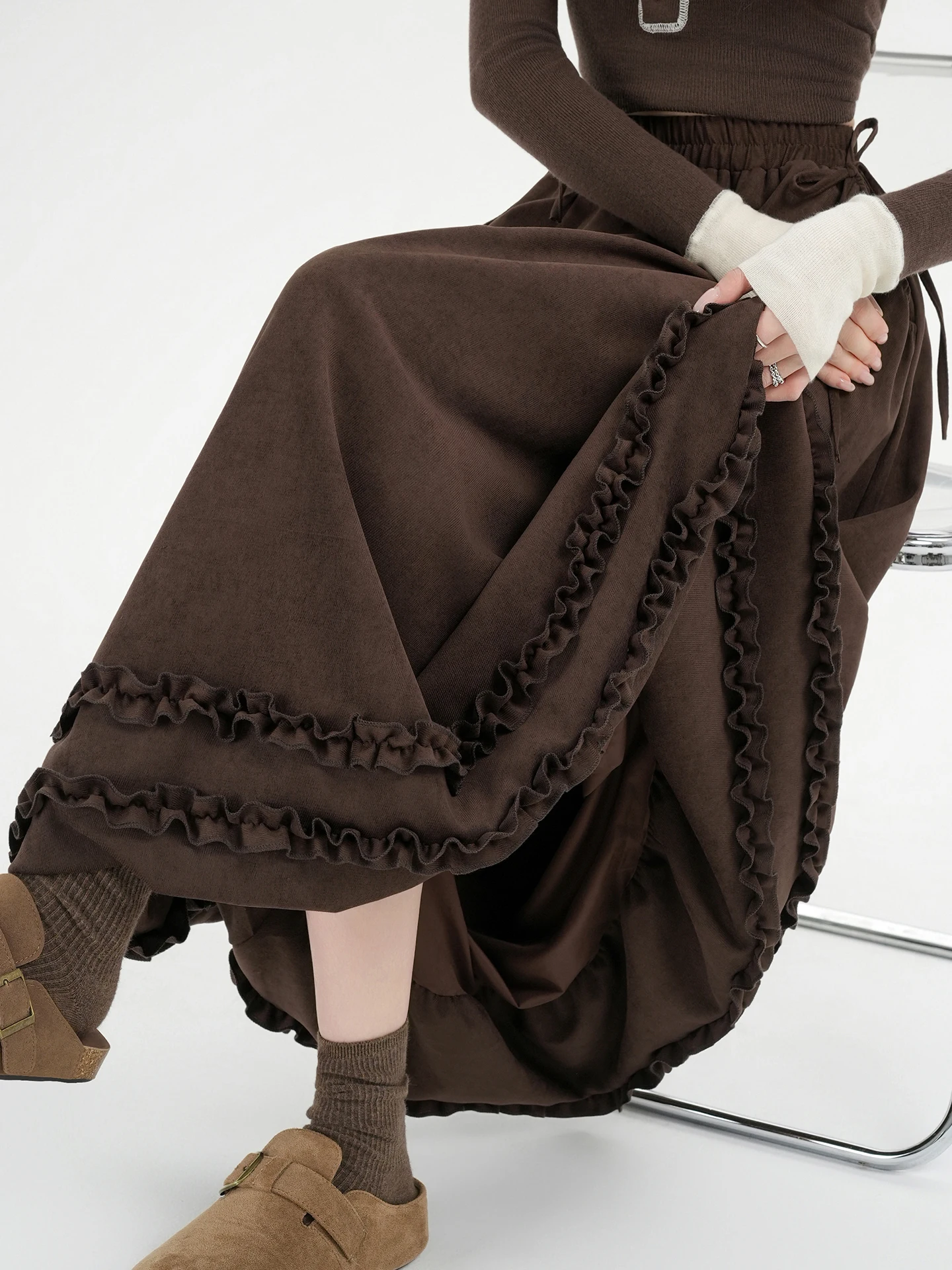 Falda coreana Sle A-Line f con pajarita, diseño de capullo de flor, falda Faion Gored de otoño e invierno para mujer, cintura alta, cintura elástica