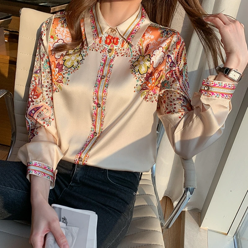 2024 Autumn Fashion Floral Print Blouse Women Satin Shirts Office Lady Elegant Tops Long Sleeve Silk Clothes 18440