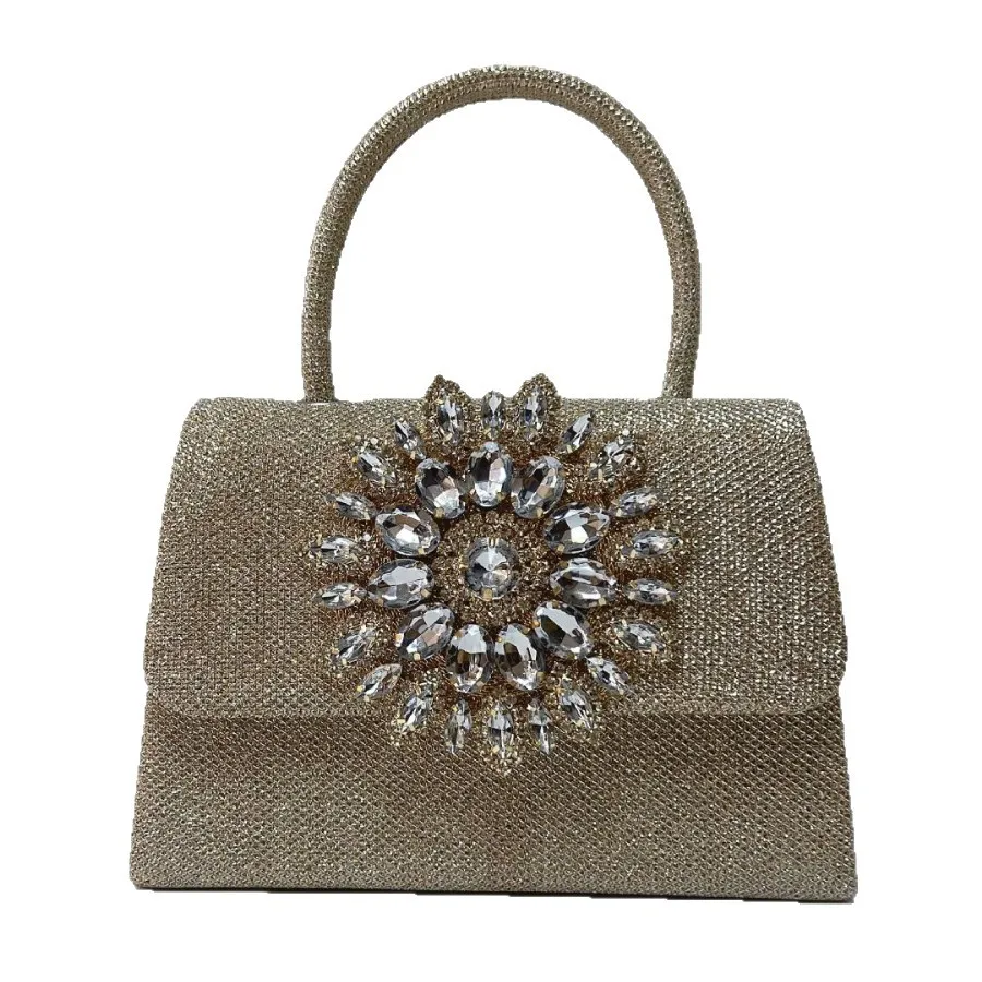 Champagne Glitter Rhinestone Top Handle Bag Big Sunflower Crystal Decor Evening Clutch Luxury Formal Wedding Purse Aged Ladies