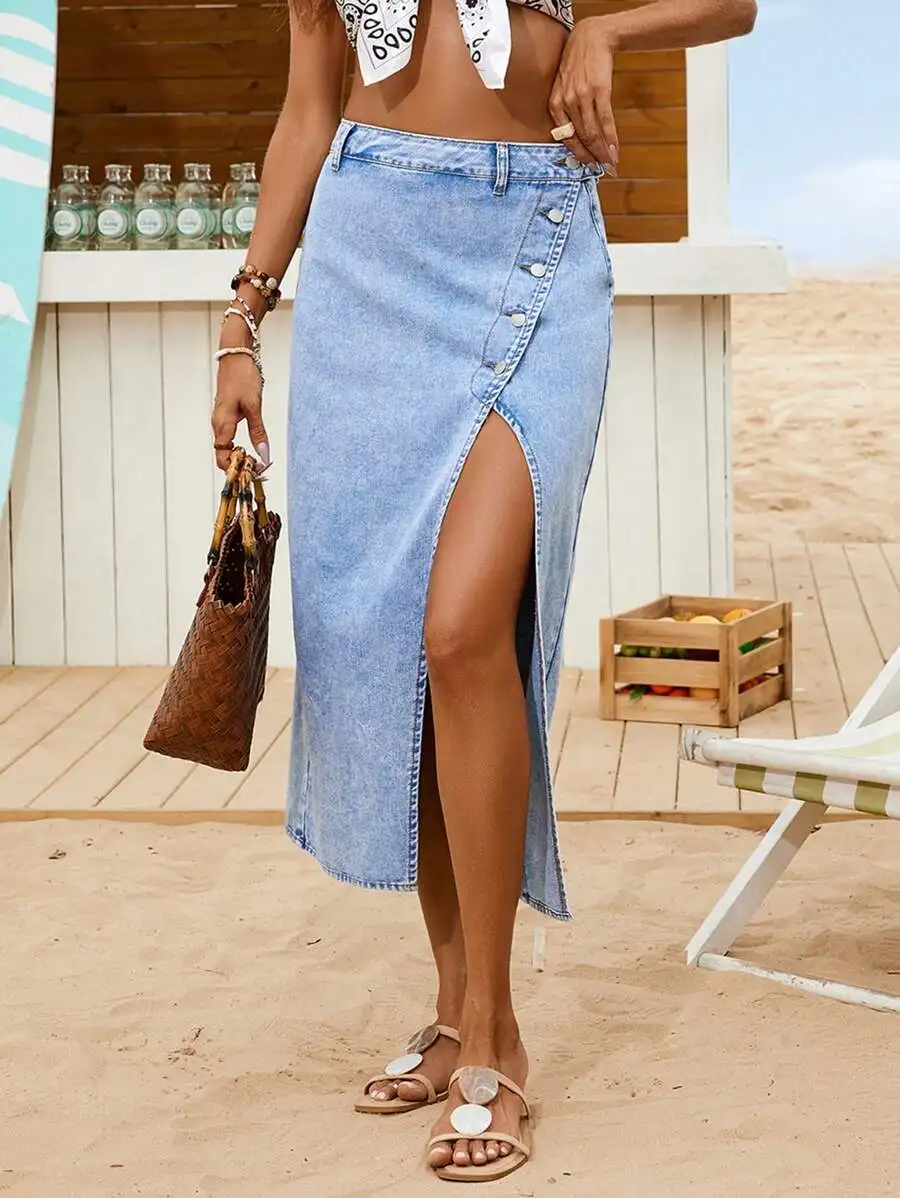 

Women's Front Button High-Slit A-Line Denim Skirt, Casual Summer Wear