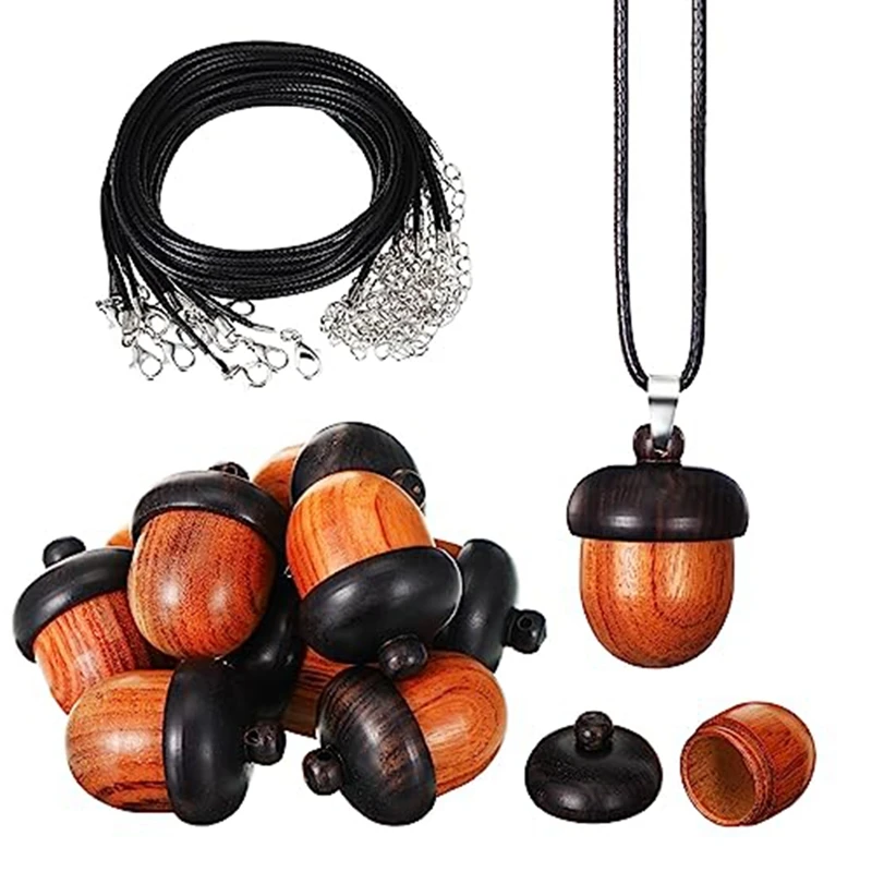 

10 Pcs Wood Acorn Charms With 10 Pcs Black Waxed Necklace Cord For DIY Accessories Pendant