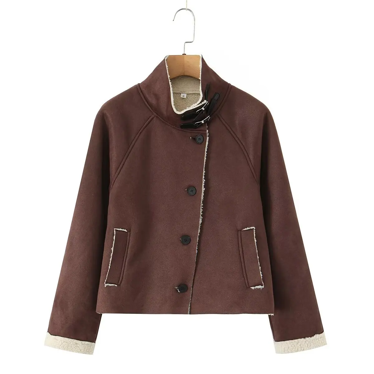 DiYiG WOMAN 2025 شتاء جديد موضة جلد الغزال الملمس خياطة سترة الرجعية طويلة الأكمام كل مباراة عالية طوق معطف ملابس خارجية Mujer