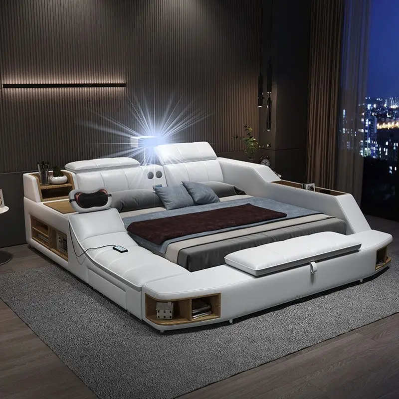 Elegant Luxury Modern Double Bed Storage Leather Massager Multifunctional Smart Bed Electric Villa Cama Bedroom Set Furniture