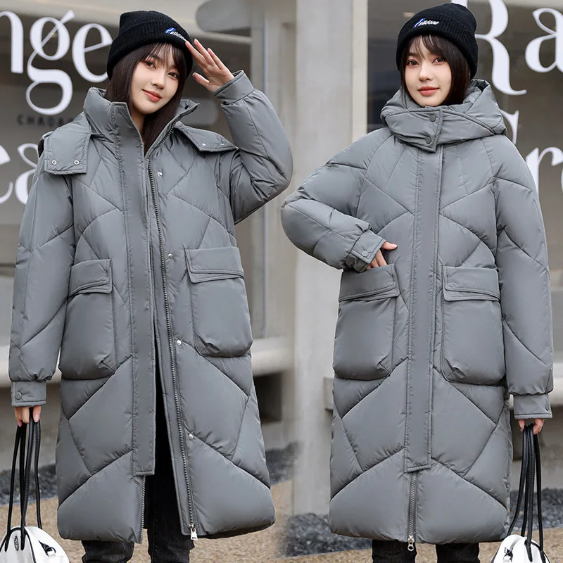 2026 Women's Solid Color Big Pocket Hooded Jackets Casual Medium Long Parka Autumn Winter Rhombic Lattice Loose Coat