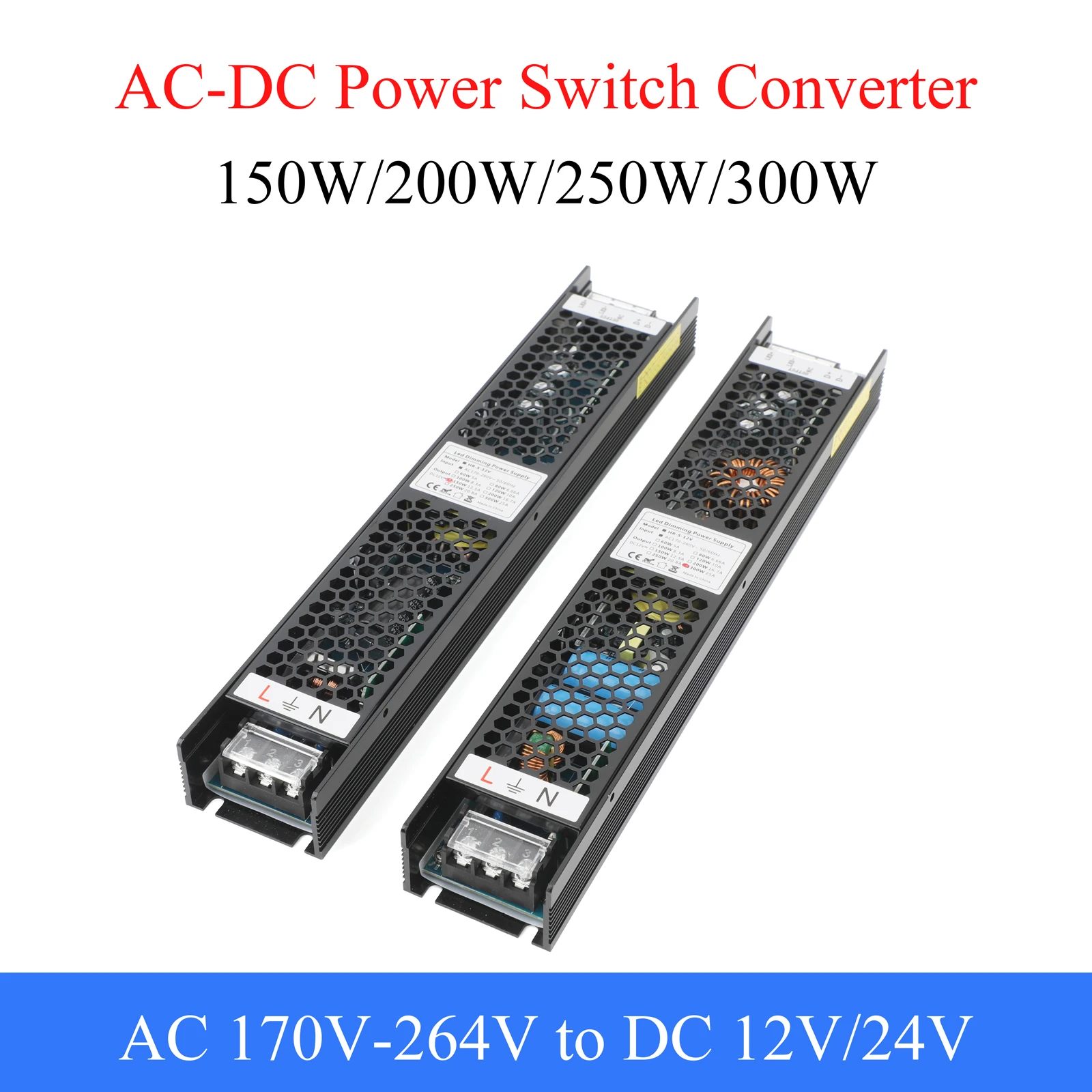 AC170-264V Dimmable LED Driver DC12V/24V 150W-300W Triac 0-10V Dimming 2-in-1 Power Supply Lighting Transformer Aluminum Shell