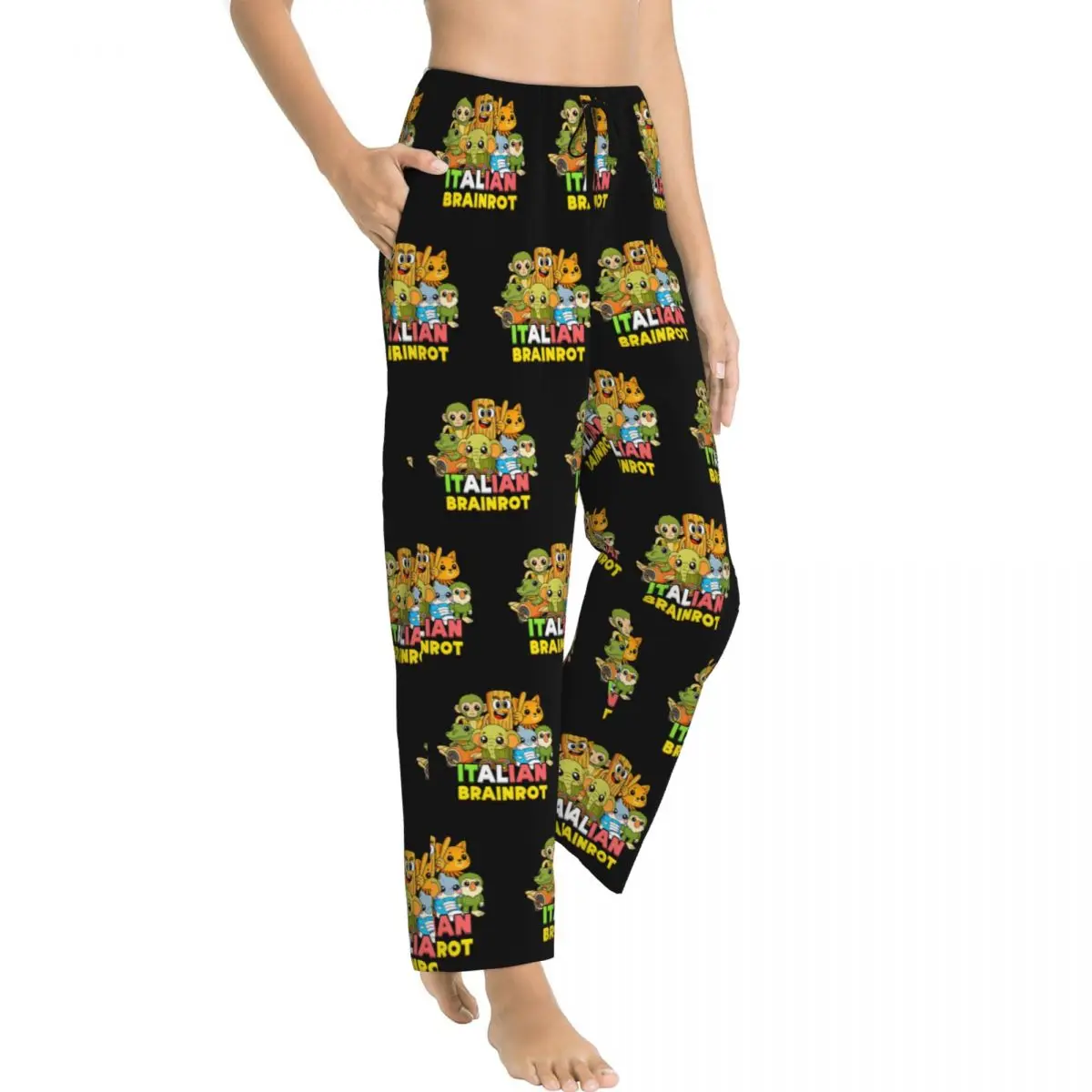 Pantalones de pijama italianos personalizados Brainrot, ropa de dormir para mujer, cintura elástica, animales, dibujos animados, pantalones de salón para dormir con bolsillos