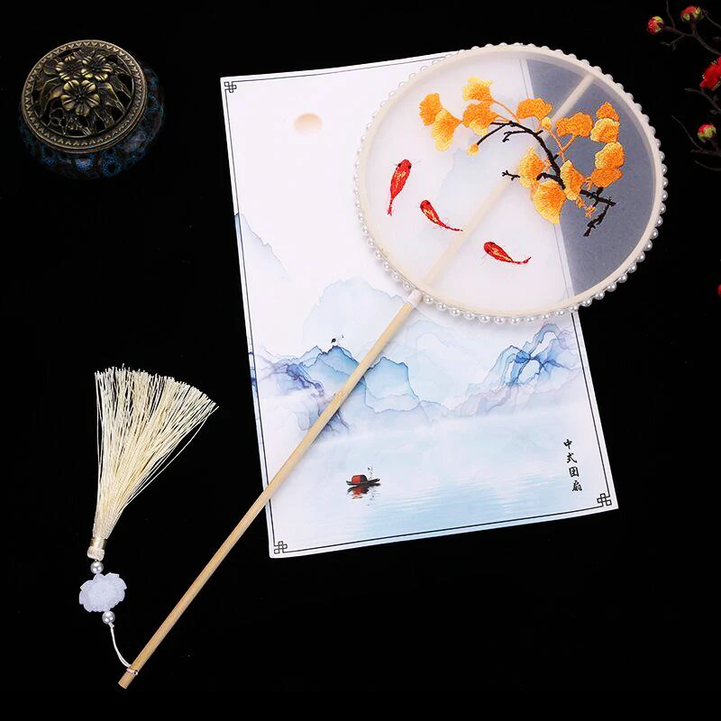 Chinese Style Embroidery Fan Decoration Fans With Ancient Style Long Handle Tassel Chinese Clothing Cheongsam Dance Hand Fan