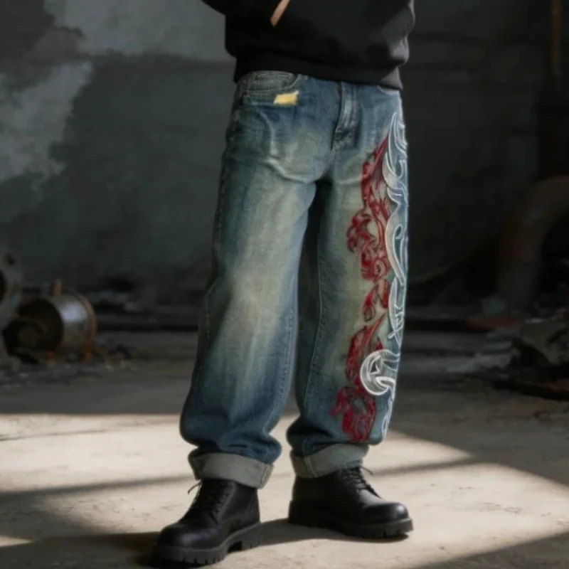 

Unisex Y2k Grunge Vintage Washed Baggy Jeans Men Tribal Flame Embroidered Streetwear Denim Pants Distressed Harajuku Trousers