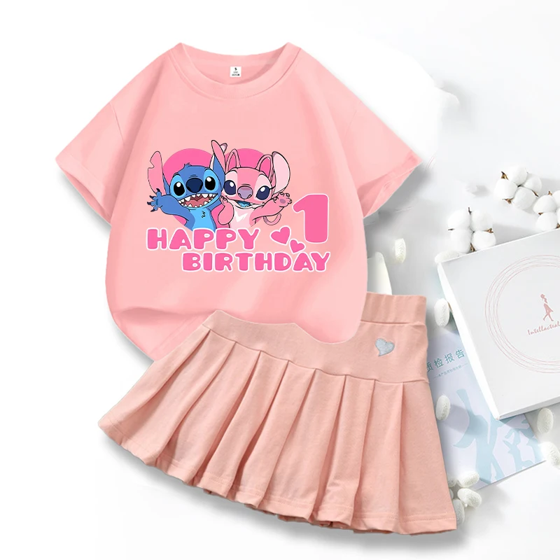 

2pcs Disney Stitch Skirt T-shirt Set for Girls Cartoon Number Printed Dress Long Sleeved Top Suit Kids Summer Sweet Skirts Suits