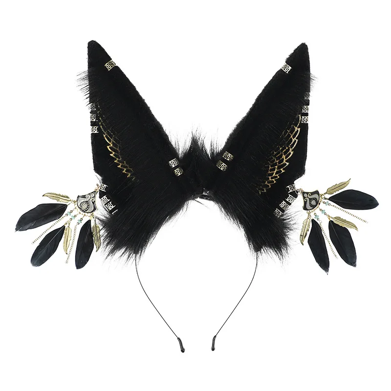 

Black Feather Ears Gothic Animal Beasts Lolita KC Anubis Cosplay Headwear Synthetic Fur Metal Headband Cute Wolf Fox Cat Goat