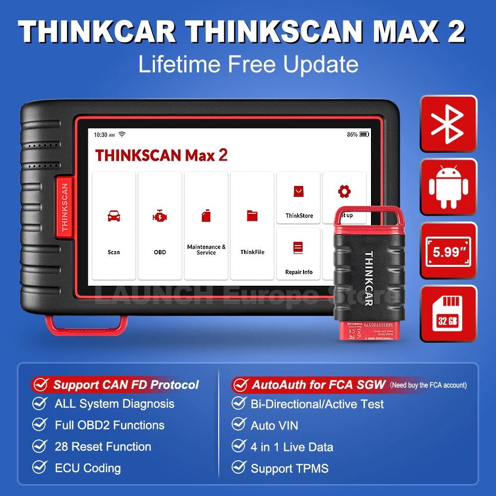 THINKCAR Thinktool ThinkScan Max 2 Full system Lifetime free AF DPF IMMO 28 Reset Key Matching OBD2 Scanner Support CANFD For GM