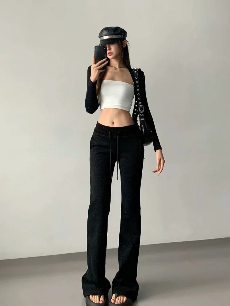 Pantalon de survêtement japonais décontracté pour femme, pantalon à jambe large, poches assorties, vintage, monochromatique, streetwear simple, automne, Y2K, fjer