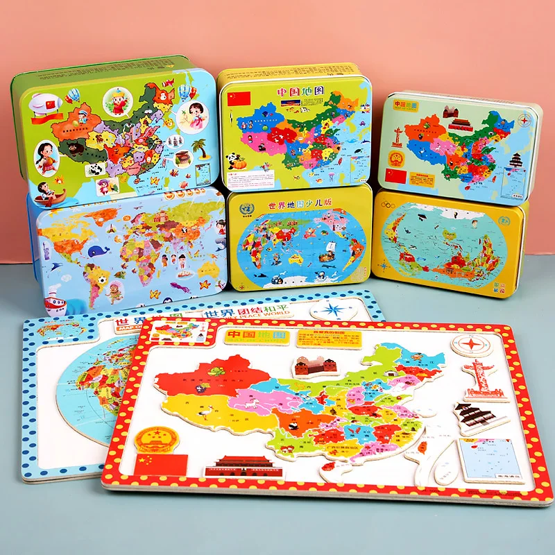 나무 중국 세계지도 자기 퍼즐 장난감, 조기 교육 어린이 교육 개발인지지도 Daquan