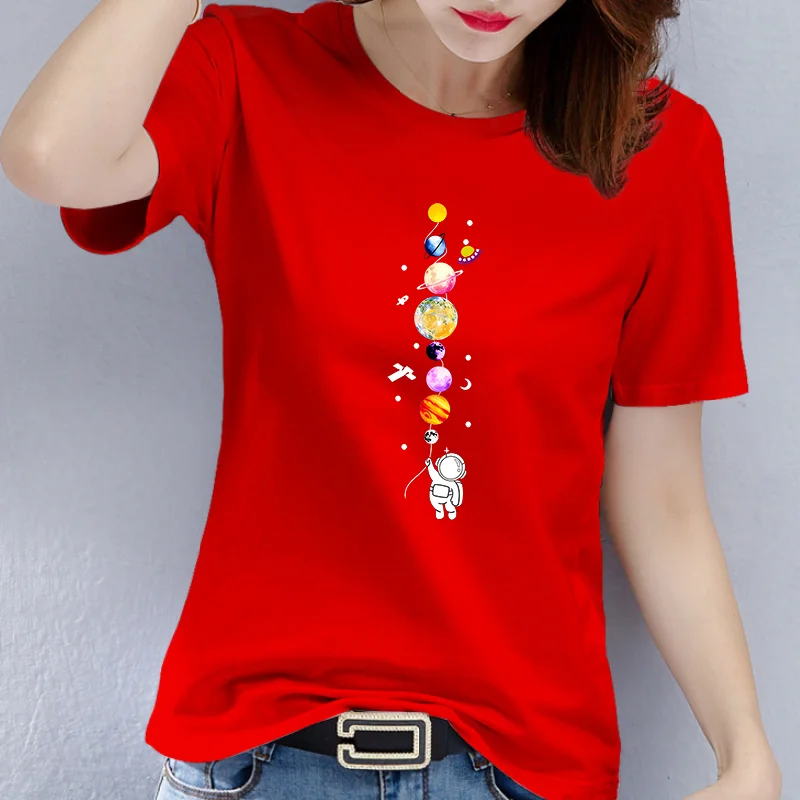 Cotton  100%  Astronaut & Planet Pattern Casual T-Shirt, Round Neck Short  Women Clothes Graphic T Shirts Aesthetic Summer Tops