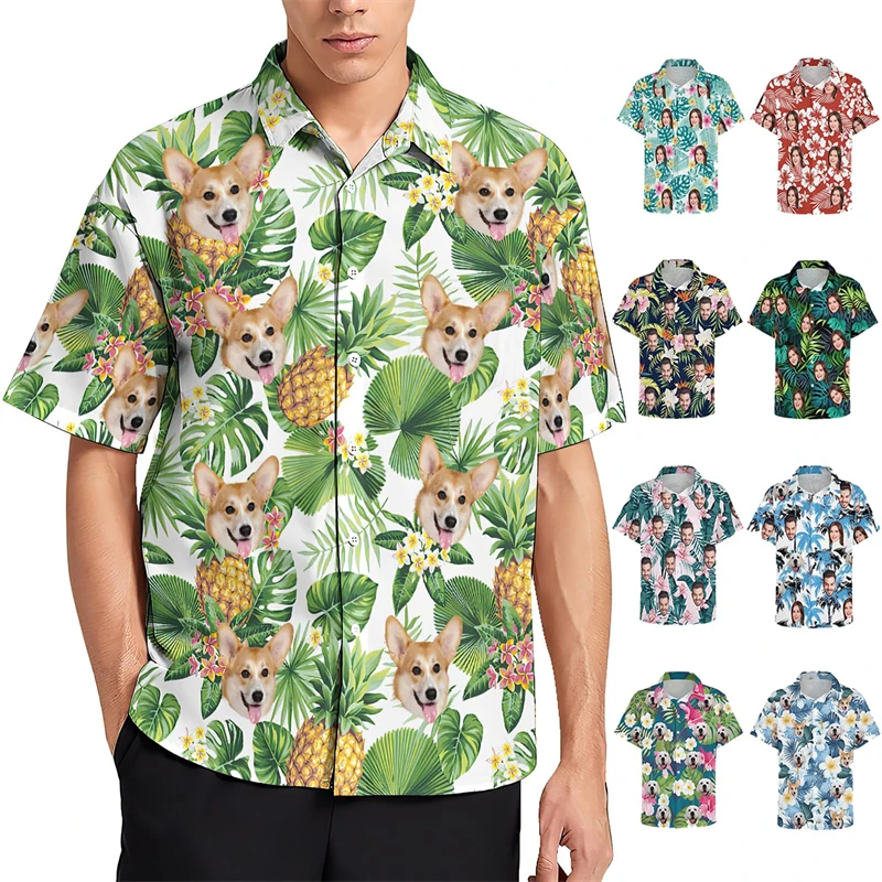 

Funny Custom Face Pet Hawaiian Shirt Summer Fashion Unisex Personalized 3D Printed Couple Shirt Loose Breathable Family Blouses