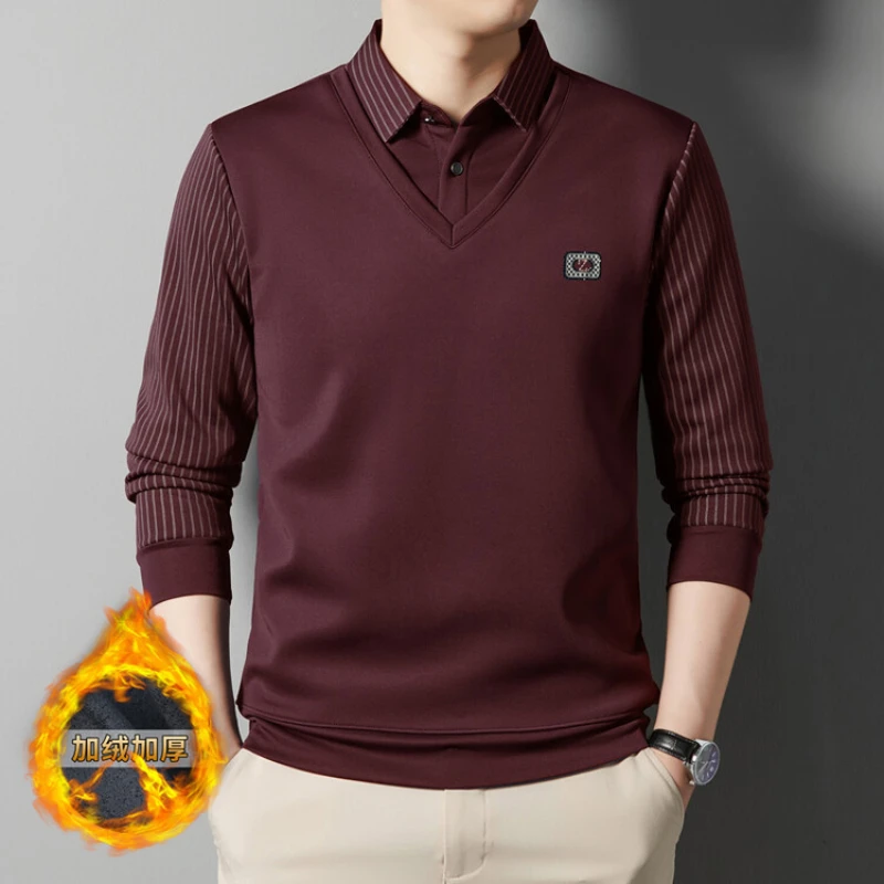 Mens Winter New Polo with Fleece Fake Two Piece Printing Craftsmanship for Men's Business Winter Polo