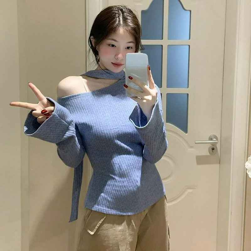 

Blue Ribbon Off Shoulder Knitted Sweater for Women Autumn Slim Fit Chic Top Base Shirt