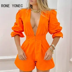 Women Solid  Casual Puff Sleeve Deep V neck  Zipper Asymmetrical Sexy Rompers