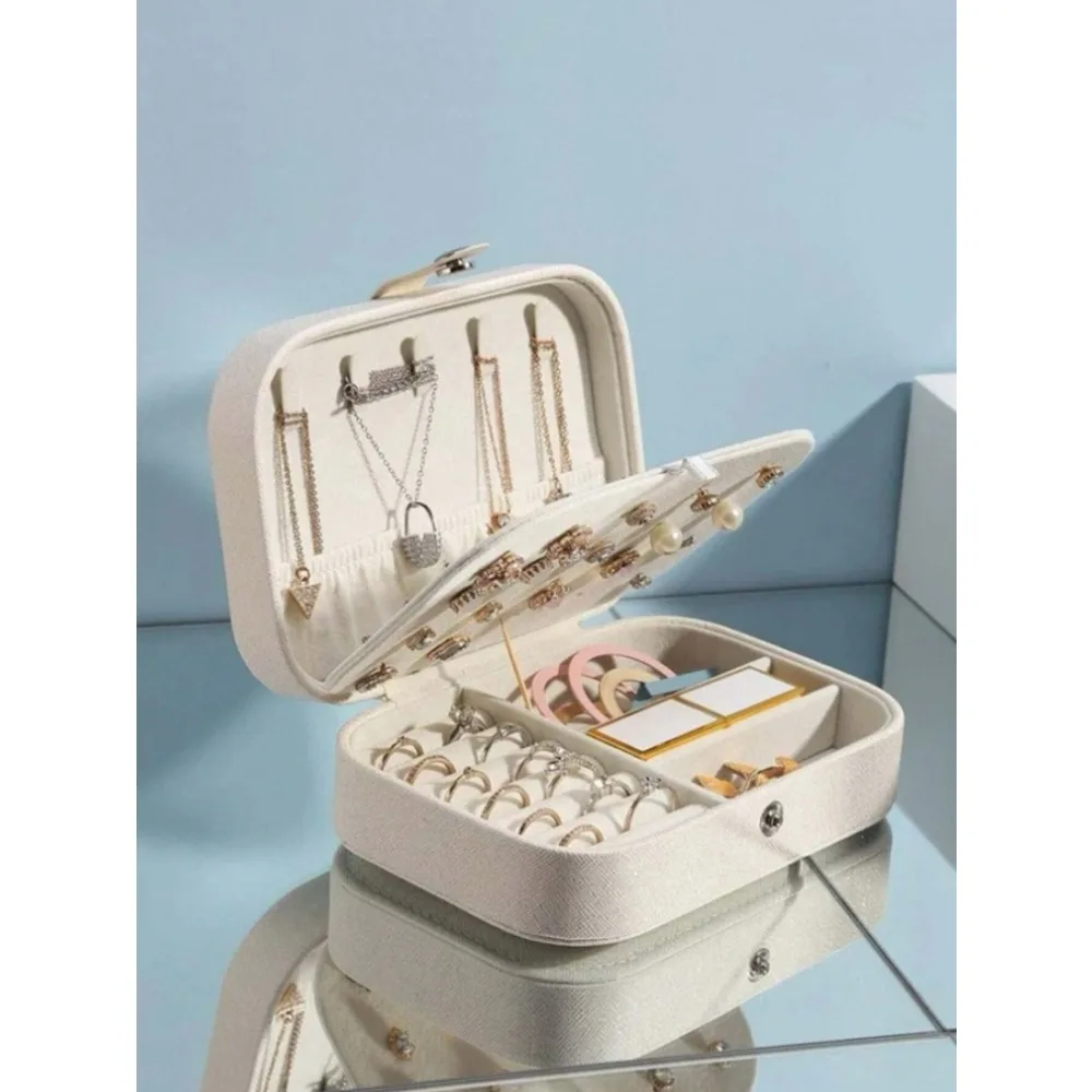 

1pc Rectangular PU Jewelry Box, Portable Jewelry Storage Box, Vanity Table Storage Box, Portable Multi-Compartment Travel Jewelr