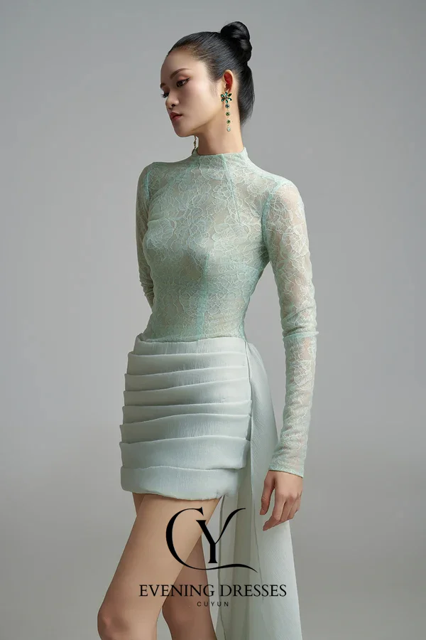 Cuyun mini vestidos de baile vestido de festa hortelã verde mini mangas compridas vestido de festa feminino renda personalizado vestido de noite curto com trem