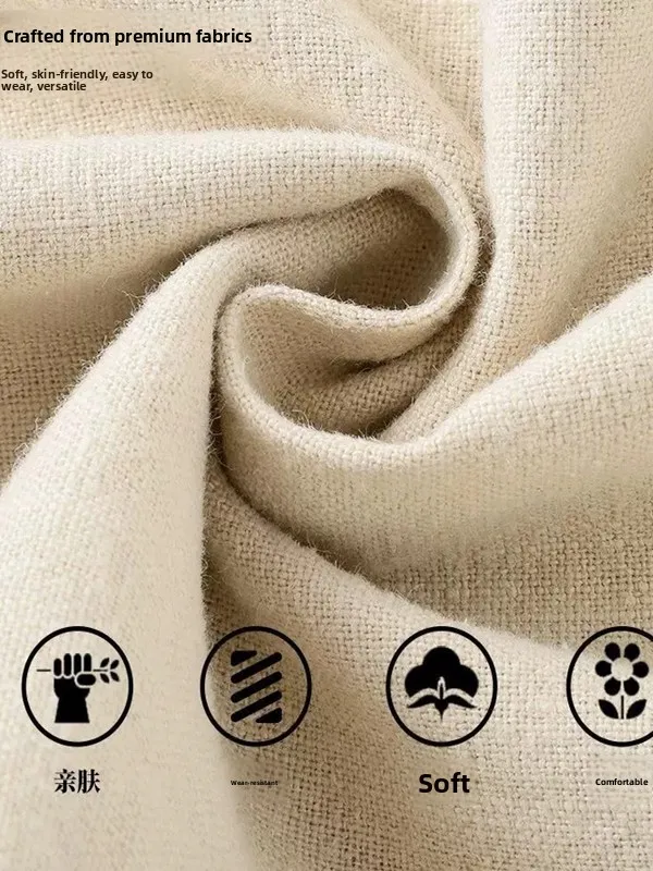 الصيف رقيقة القطن الكتان الرجال فضفاض الرياضة سراويل تقليدية الكاكي واسعة الساق مستقيم قطع مرونة الخصر منتصف الارتفاع تسع نقاط