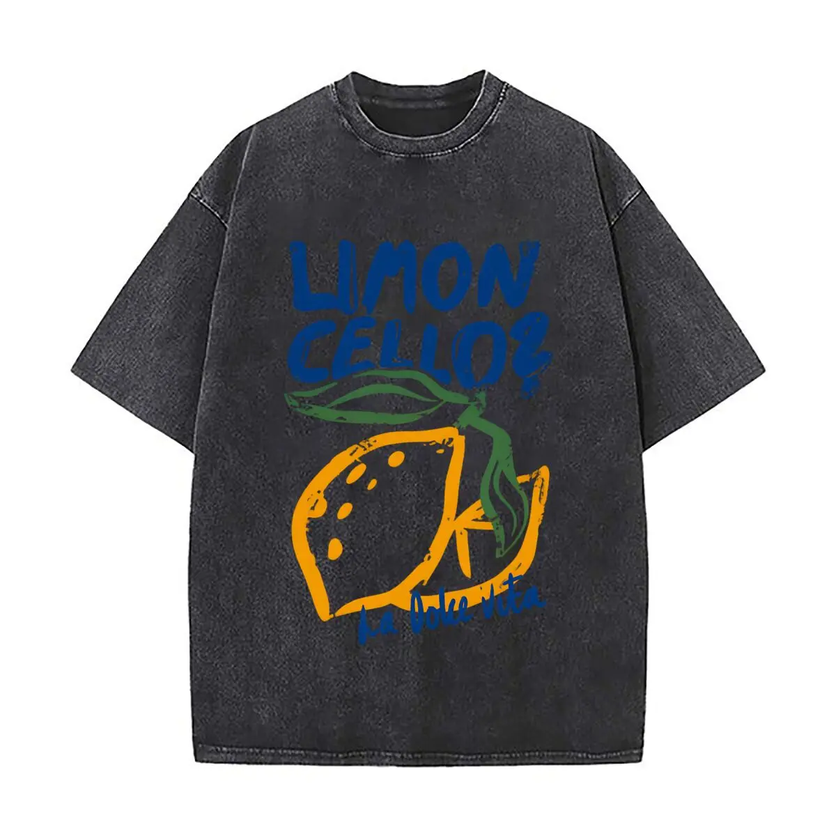Lemon Cellos La Dolce Vita Citrus Fruit Art Washed Short Sleeve Loose Streetwear Tee Hip Hop