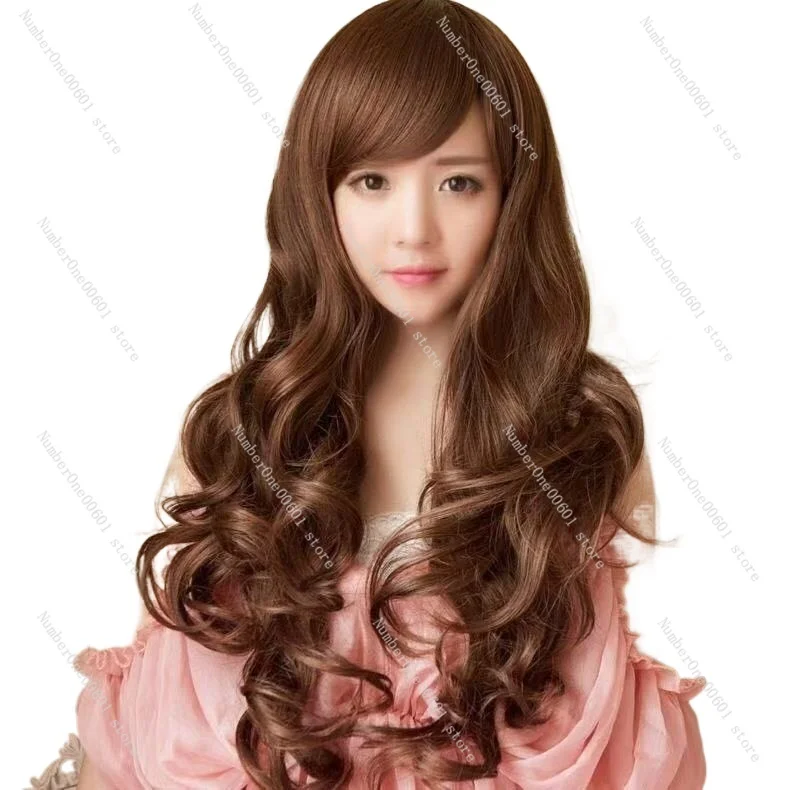 Female Wig with Long Curly Hair, Slanted Bangs, Big Waves, Invisible and Seamless, Fluffy and Natural, Realistic