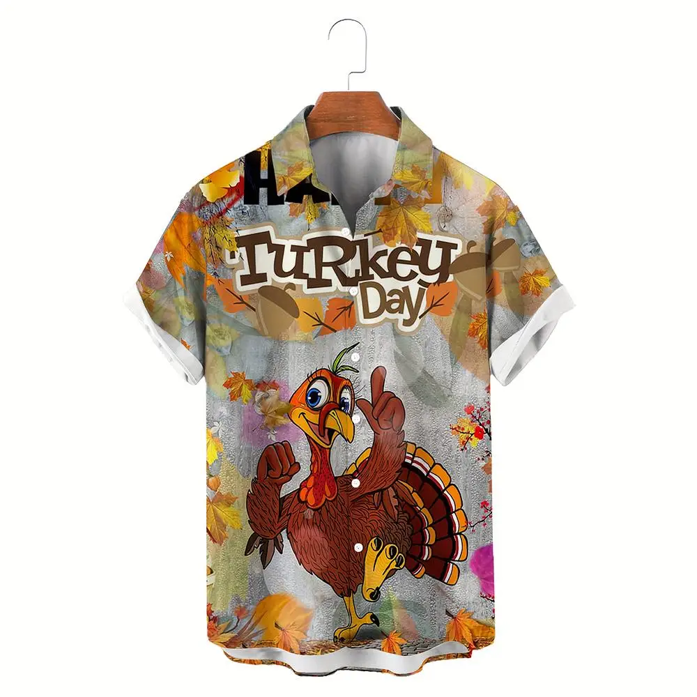 Funny Turkey 3D Print Thanksgiving Shirt Street Fashion Popular Lapel Buttons Tops Unisex Casual Holiday Short Sleeve Blouse