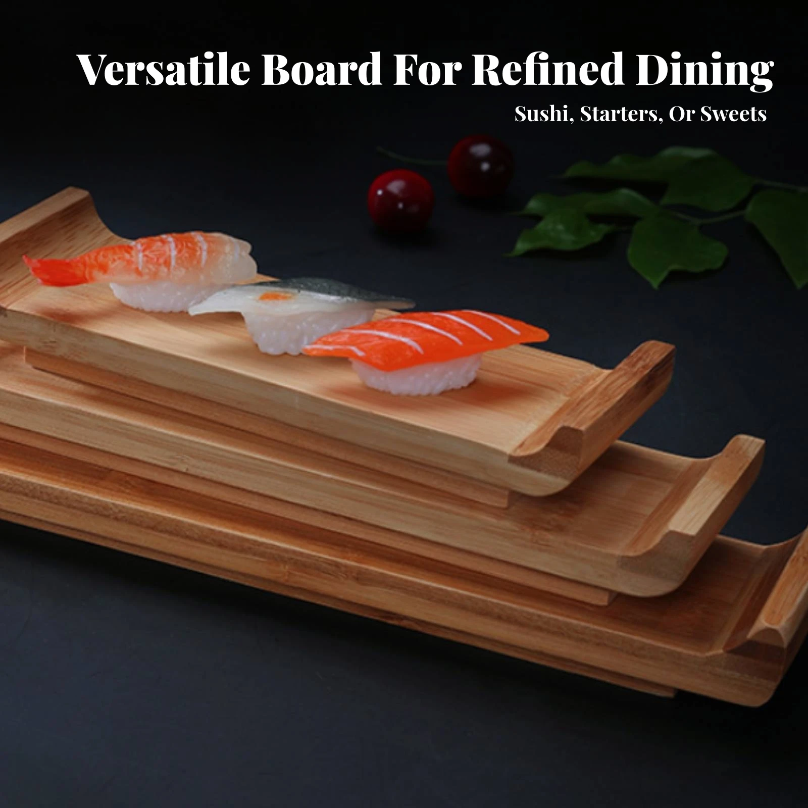 Planche à sushi à silhouette basse, plateau de service en bambou avec bords surélevés, écologique et authentique, idéal pour les hôtes à domicile et les restaurants