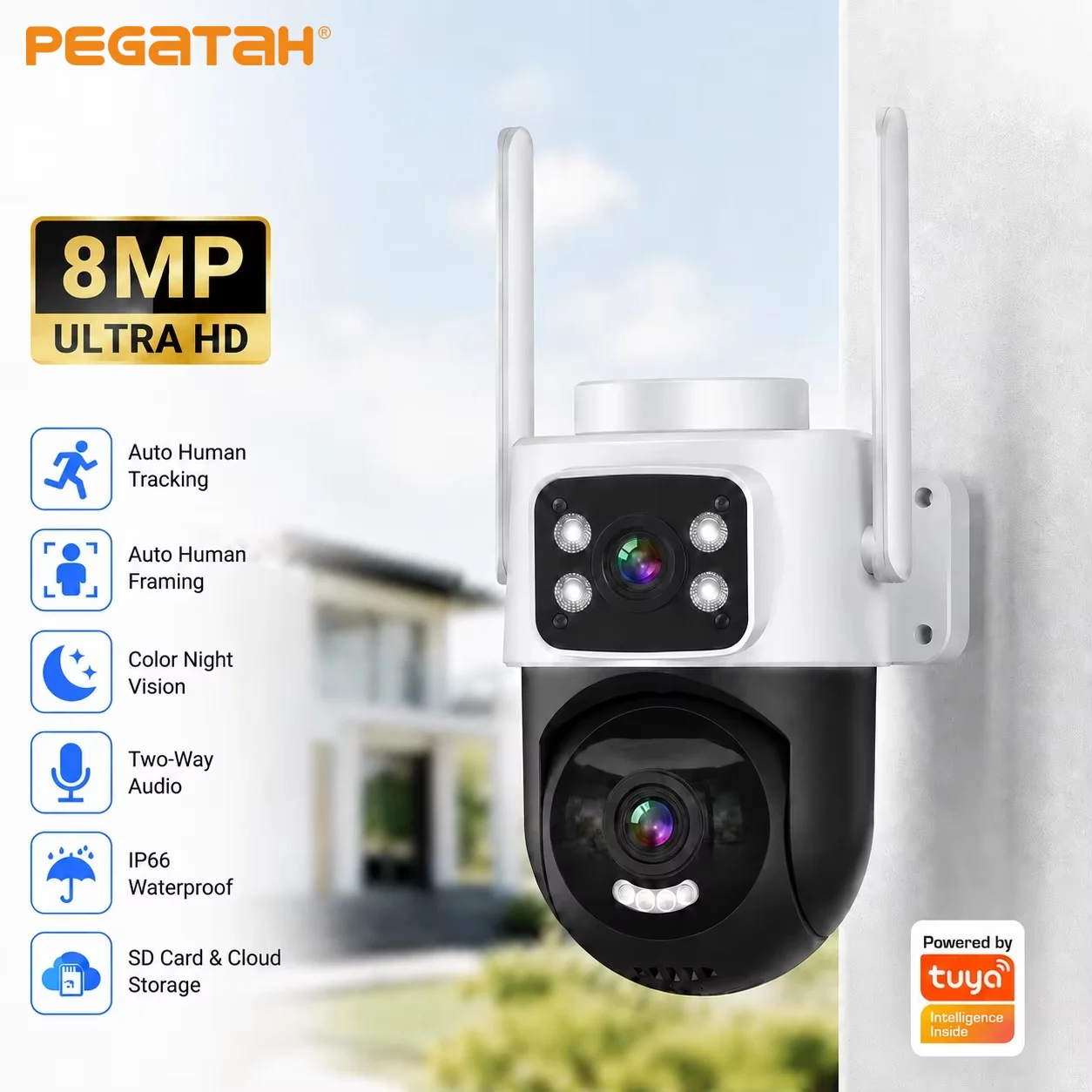 PEGATISAN 4K Tuya Wifi Outdoor PTZ Camera with AI Auto Tracking 8MP HD Wi-Fi IP CCTV, Dual Screen, Two-Way Audio Support ONVIF