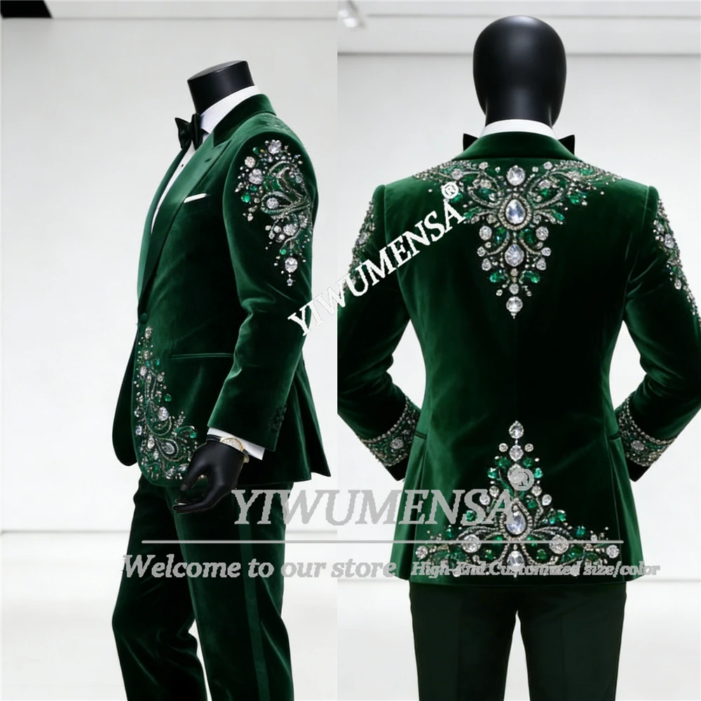 

Jewelry Beaded Stones Velvet Suits Men For Wedding Luxury Man Fashion Prom Tuxedos Customized 2 Pieces Man Party Evening Outfits