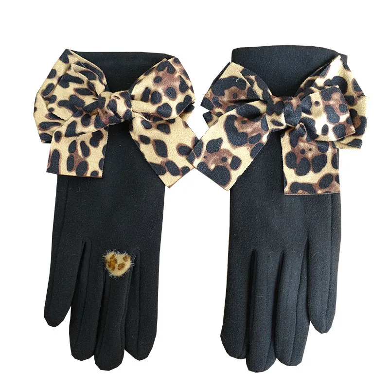 Women's Elegant Leopard Bow Spring Autumn Thicken Warm Gloves Female Winter Performance Party Driving Glove R1362