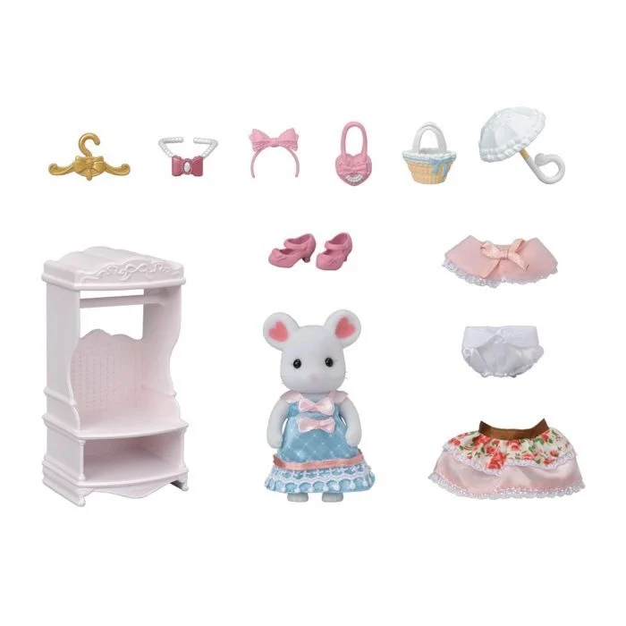 Sylvanian family-Conjunto de vestido de Ciudad del bosque, accesorios originales, caja de moda de ratón de caramelo de algodón, juguetes de Casa de