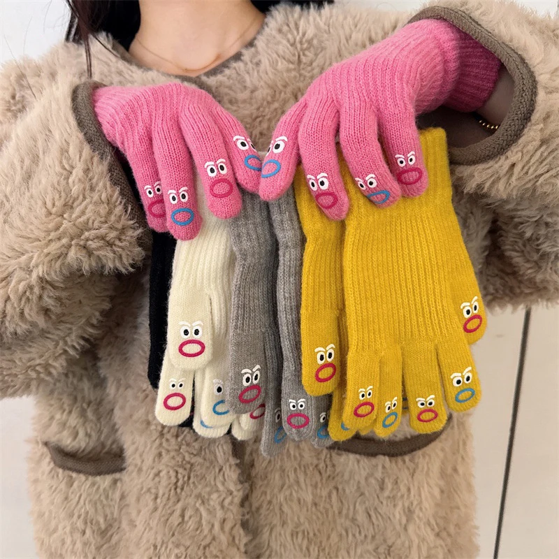 1pair Ladies Knitted Gloves Can Touch Screen Full Finger Gloves Cartoon Expression Crochet Mittens Outdoors Cycling Warm Mittens