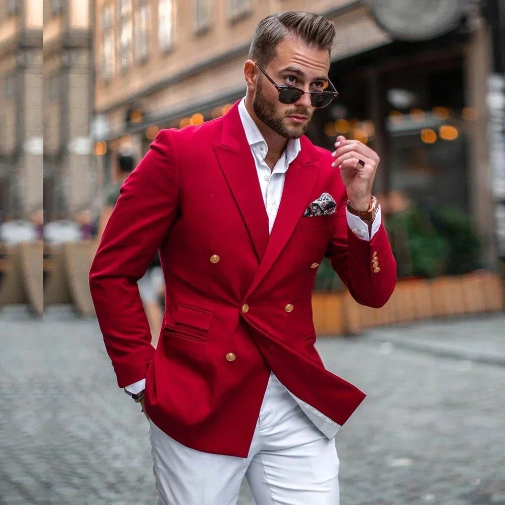 Blazer décontracté à double boutonnage pour hommes, veste rouge, pantalon blanc, zones de blazer ajustées, rue haute, haute qualité, ensemble 2 pièces personnalisé, mode