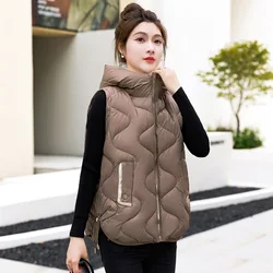 2025New Autumn Winter Warm Waistcoat Ladies Sleeveless Hooded Down Cotton Coat Women Outerwear Casual Puffer Vest Student Jacket