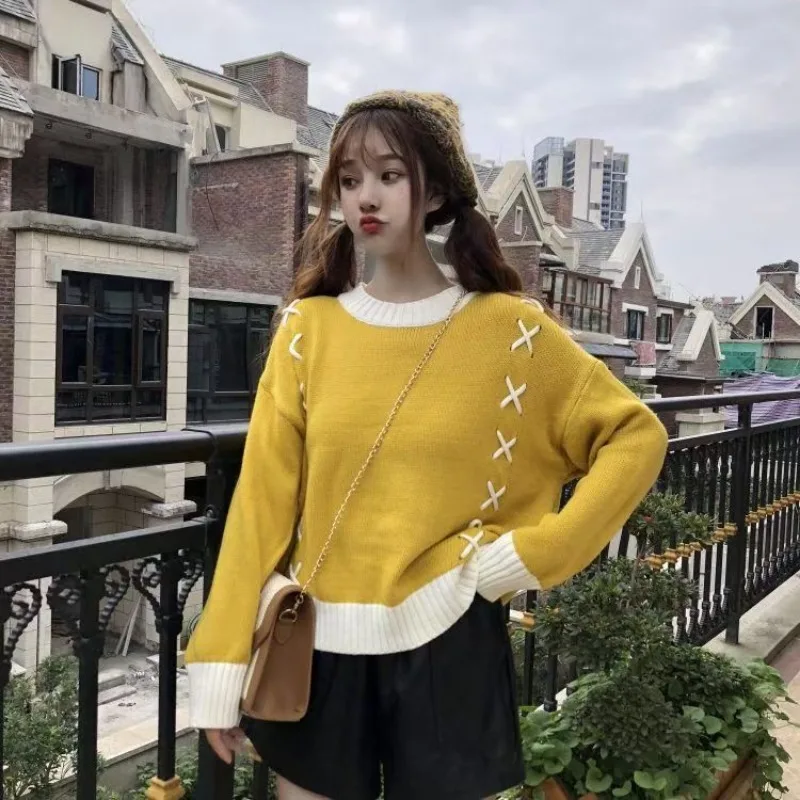 Women Spring Autumn Yellow Patchwork Knitted Pullover Sweaters Sweet O-Neck Front Short Back Long Slit Knit Pullover Cottagecore