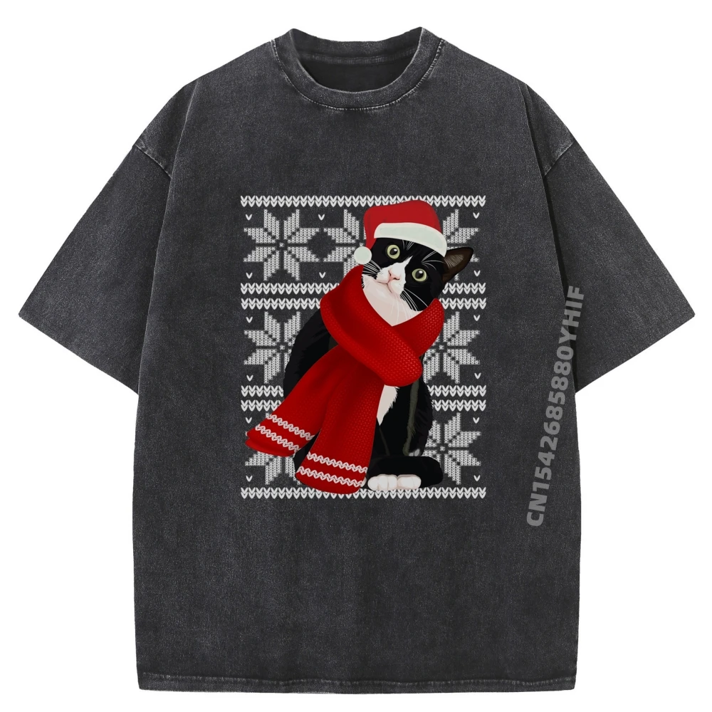 

Cute Cat Red And Black Graphic T Shirt Printed Christmas Camiseta Luxury Clothing Breathable Summer Washed Shirt