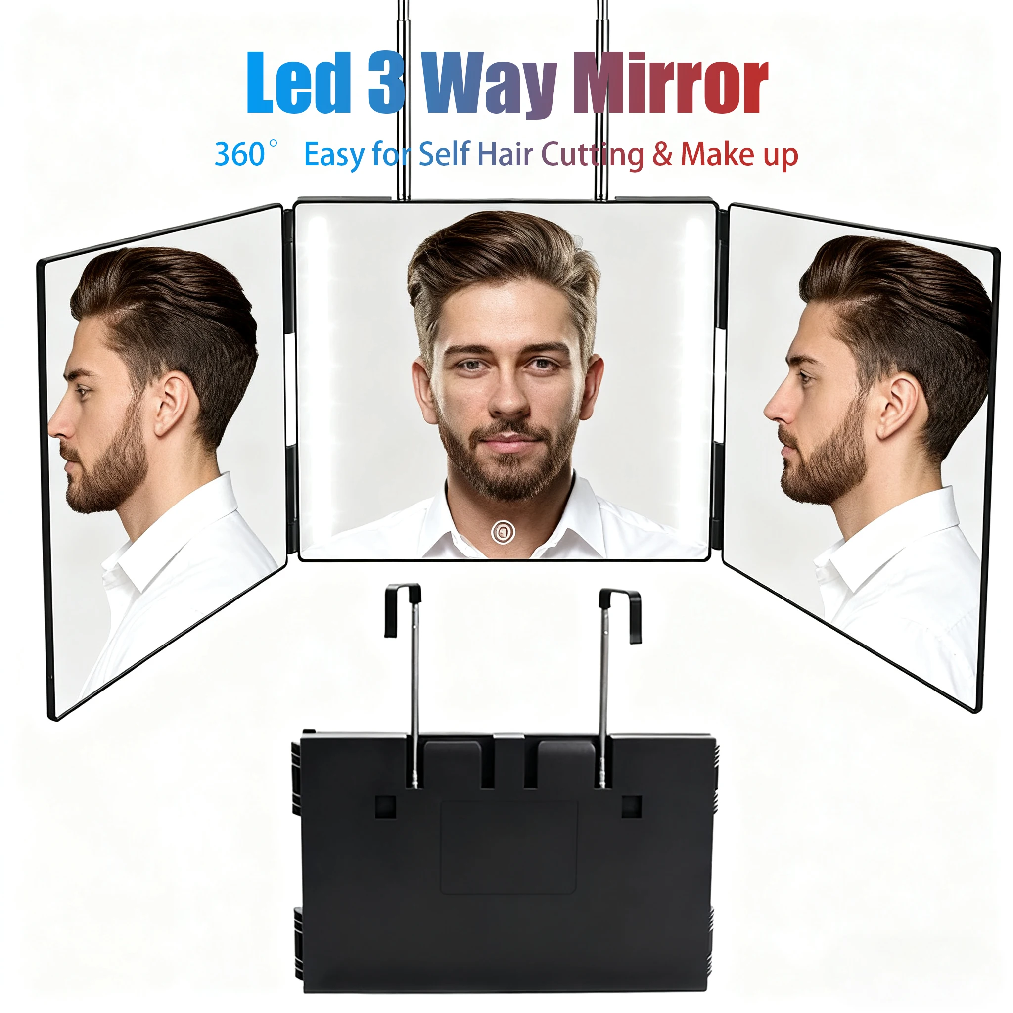 مرآة مكياج صغيرة 3 طرق - 360 درجة °   مرآة ذاتية لقص الشعر مع تعديل سطوع LED للحلاقة وتصفيف الشعر