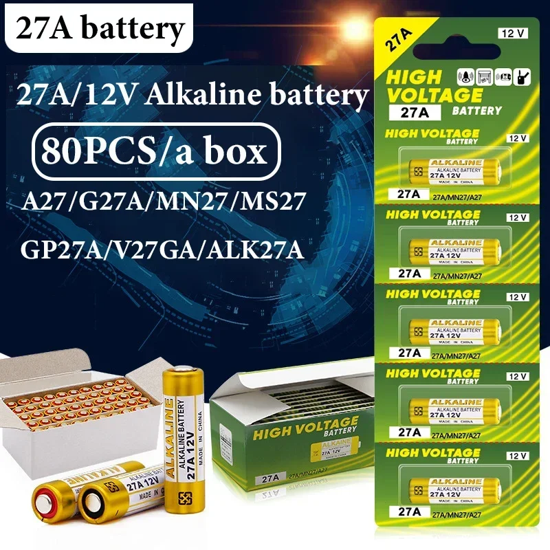 80PCS Alkaline Battery 12V A27 27A G27A MN27 MS27 GP27A L828 V27GA ALK27A A27BP K27A VR27 R27A for Alarm Remote Control Dry Cell