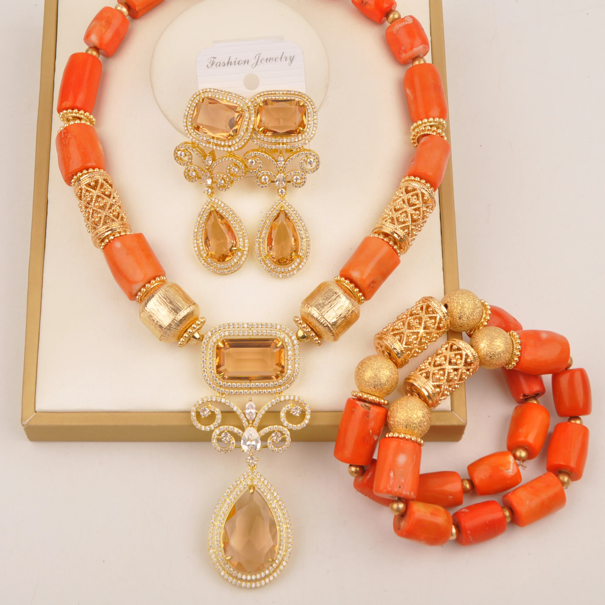 

Nigerian Bride Wedding Jewelry Orange Coral Bead Jewelry Set for Women