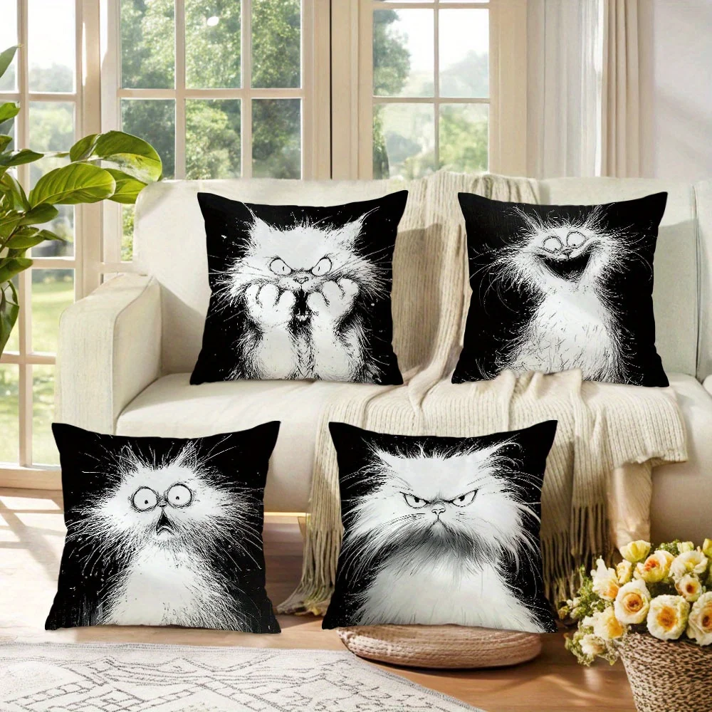 Lebhaft gemusterter Kissenbezug mit Katzenmotiv, Digitaldruck, Kurzplüsch, geeignet für Wohnzimmer, Schlafzimmer, Sofas, Zierkissenbezug
