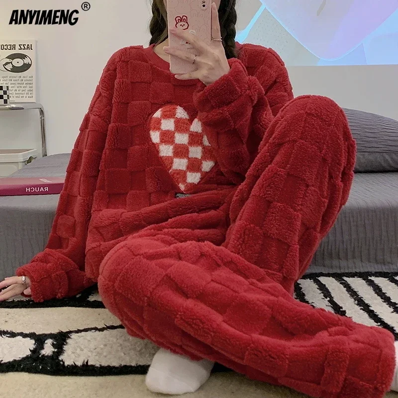 HQ Winter Women Pajamas Set Thick Chinese Velvet Sleepwear Pullover Female Thermal Homewear Korean Girl Pijamas Teddy Loungewear