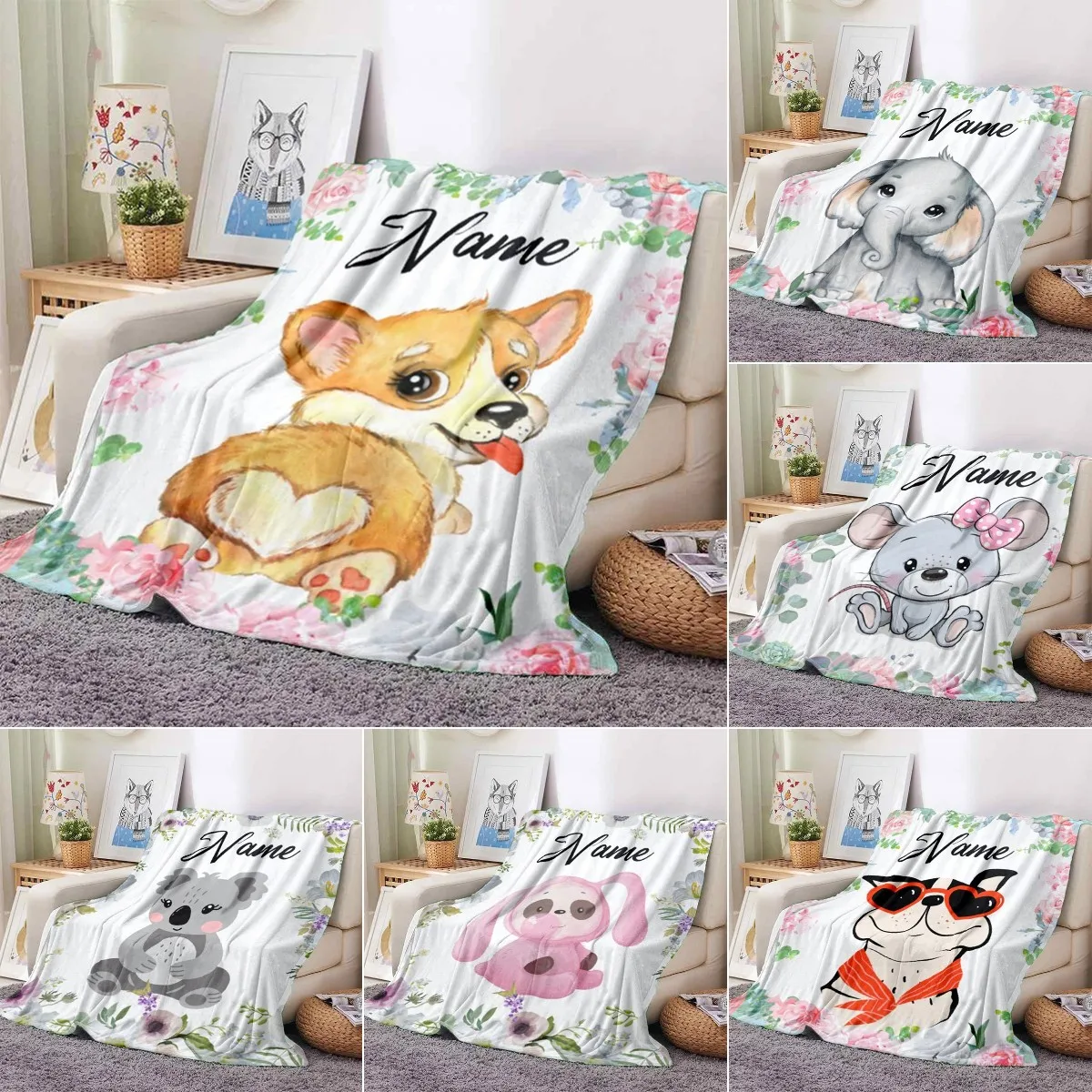 Cartoon Animal Blanket with Custom Name for Kids and Adult, Personalized Flannel Fleece Throw Blankets, Fluffy Soft, Gift