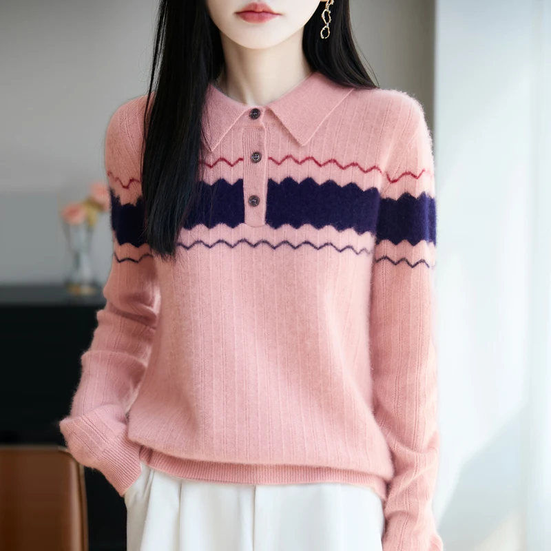 BELIARST 100% zuivere wol preppy stijl contrasterende kleur gebreide damespolokraag trui voor herfst en winter nieuw shirt