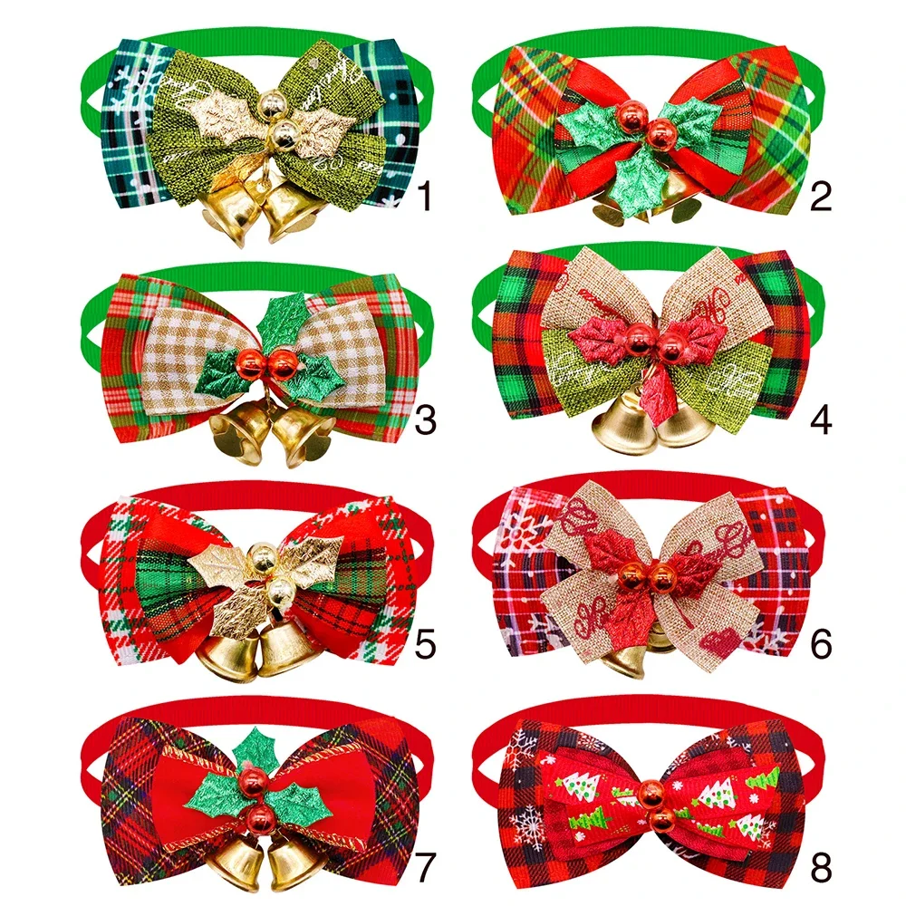 10PCS Christmas Dog Bowties With Bell Classic Plaid Pet Collars Dog Grooming Accessories Pet Dog Bow Ties Pet Supplies For Dogs